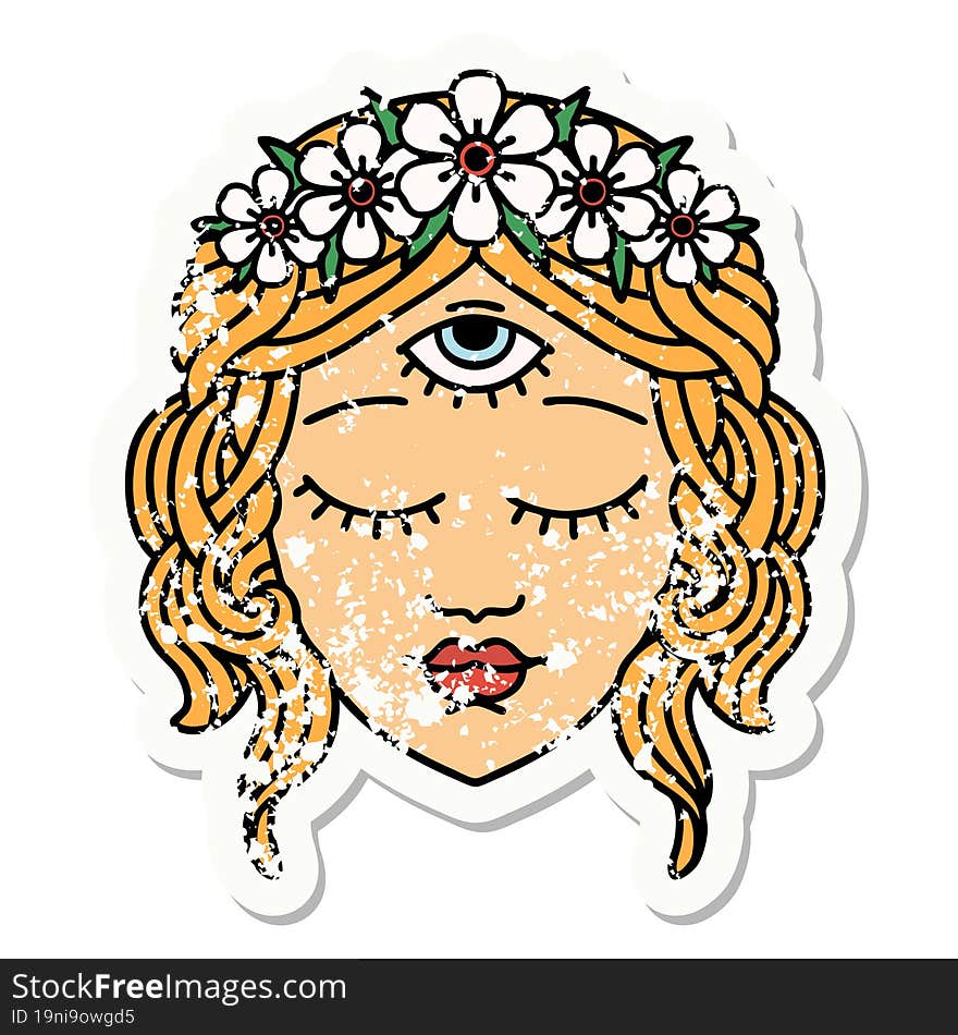 distressed sticker tattoo in traditional style of female face with third eye and crown of flowers. distressed sticker tattoo in traditional style of female face with third eye and crown of flowers