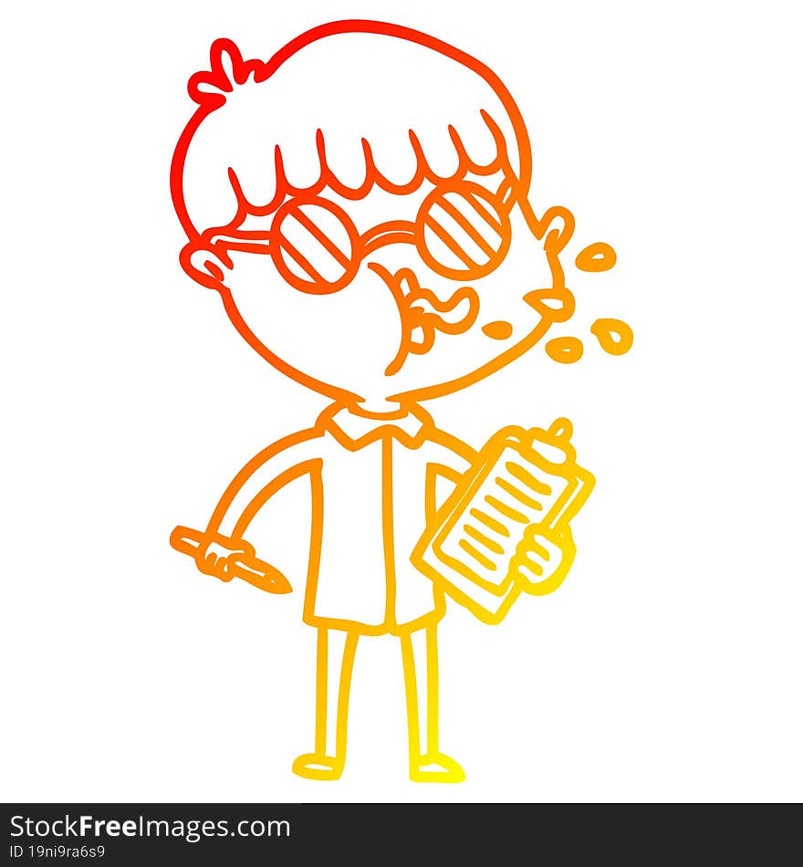 warm gradient line drawing of a cartoon boy wearing spectacles with clip board