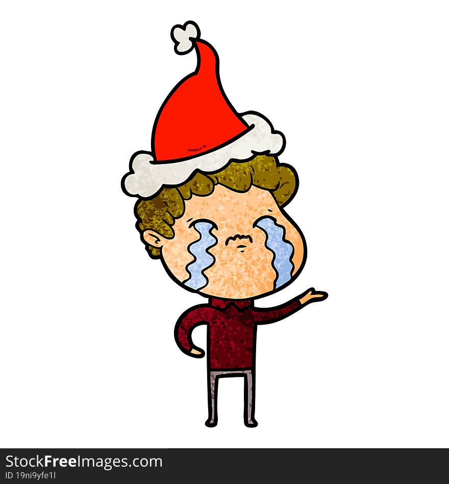 textured cartoon of a man crying wearing santa hat