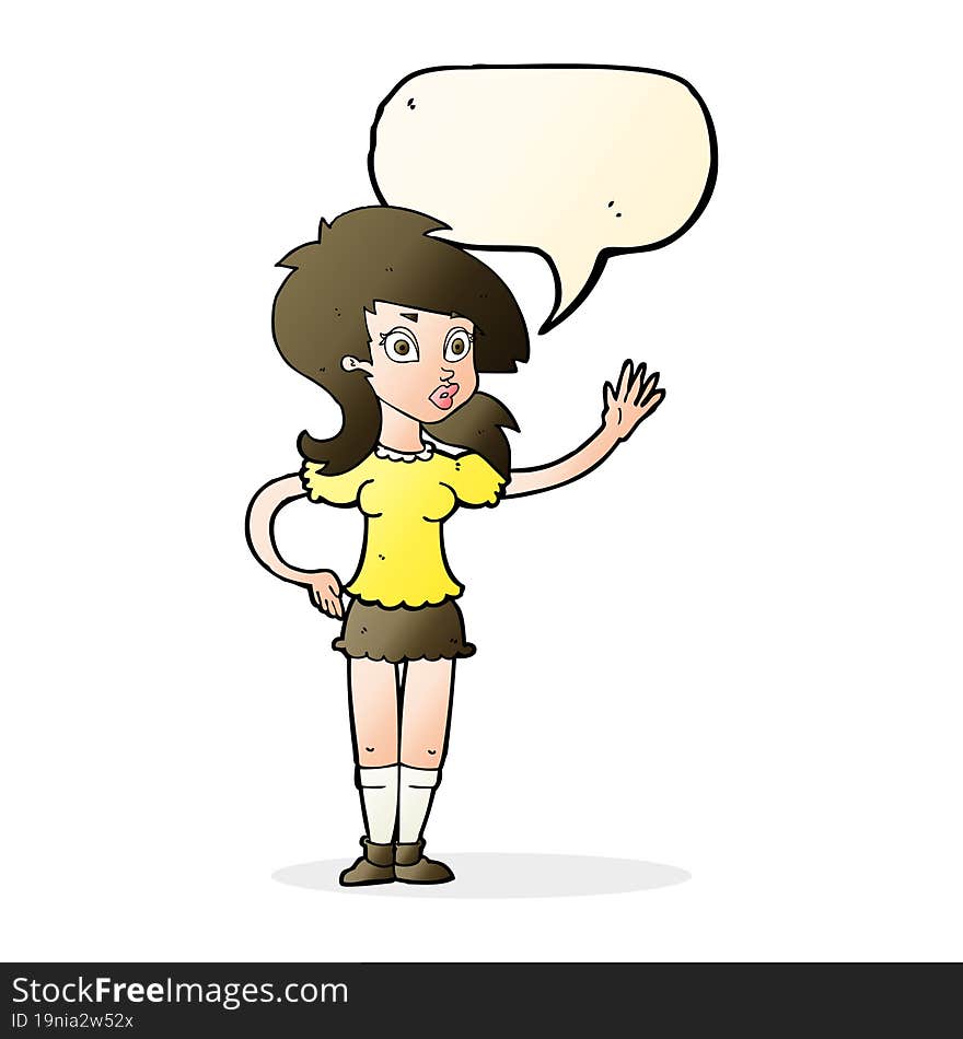 Cartoon Pretty Woman Waving For Attention With Speech Bubble