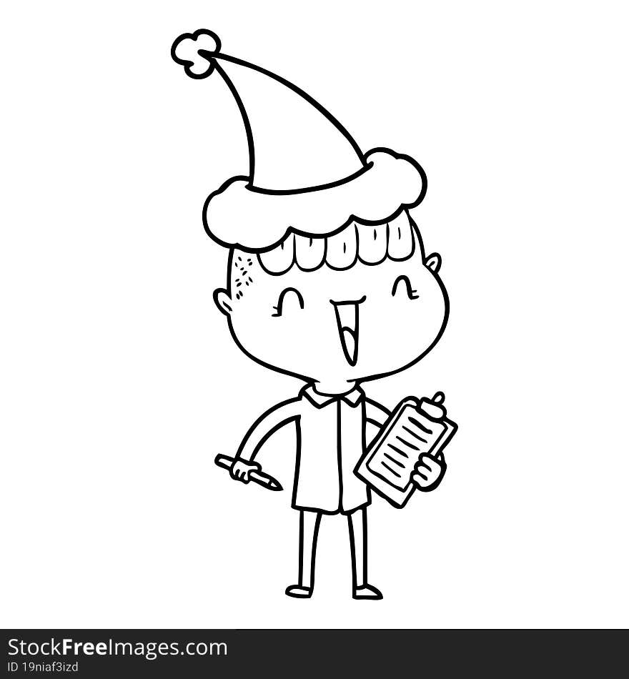 hand drawn line drawing of a happy boy surprised wearing santa hat