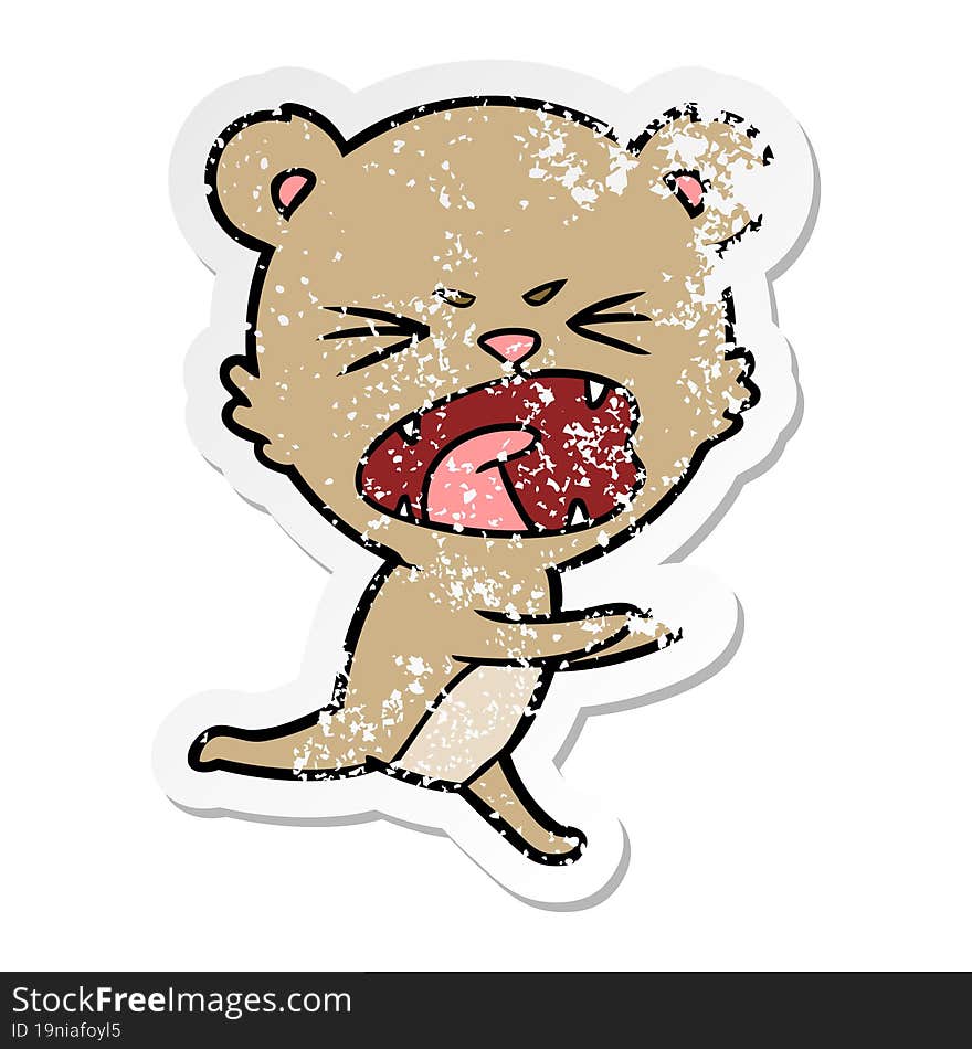 distressed sticker of a angry cartoon bear shouting