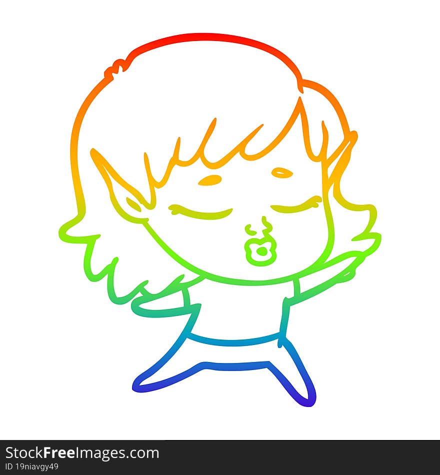 rainbow gradient line drawing of a pretty cartoon elf girl