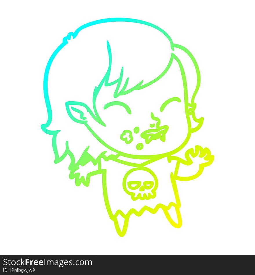 cold gradient line drawing cartoon vampire girl with blood on cheek