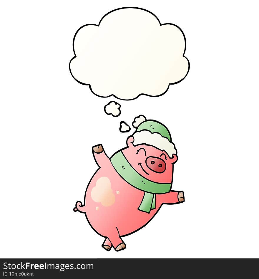 cartoon pig wearing christmas hat and thought bubble in smooth gradient style