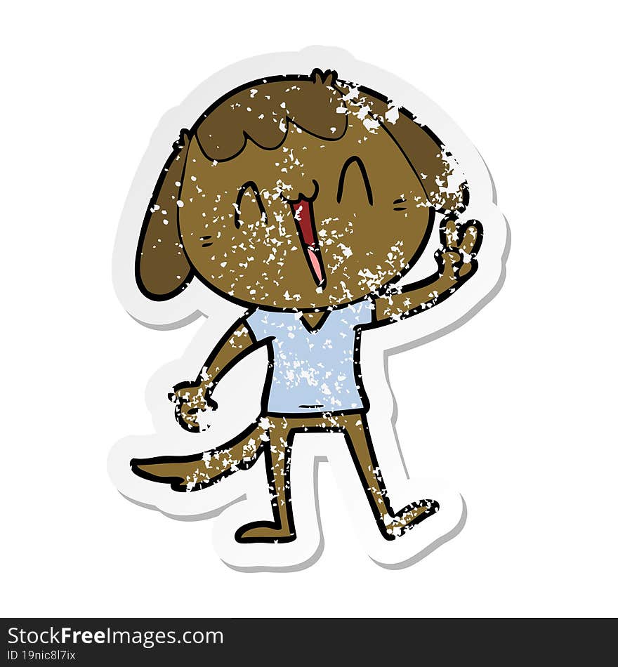 distressed sticker of a cartoon laughing dog