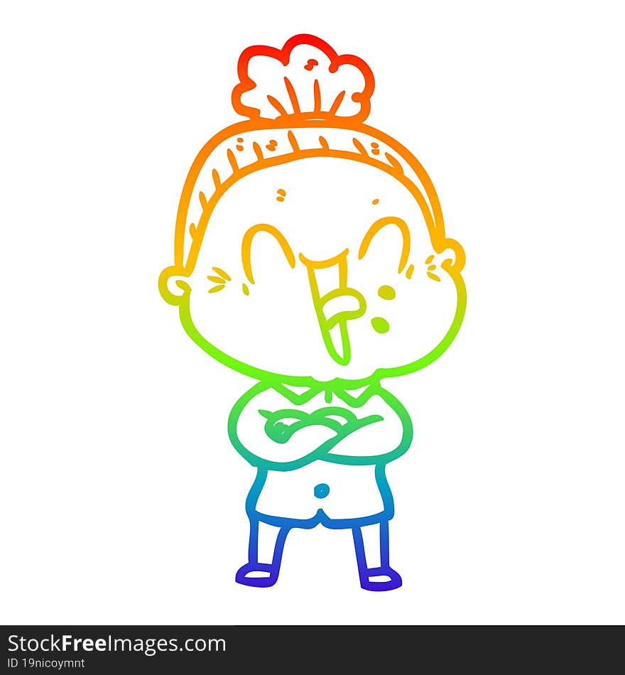 rainbow gradient line drawing of a cartoon happy old woman