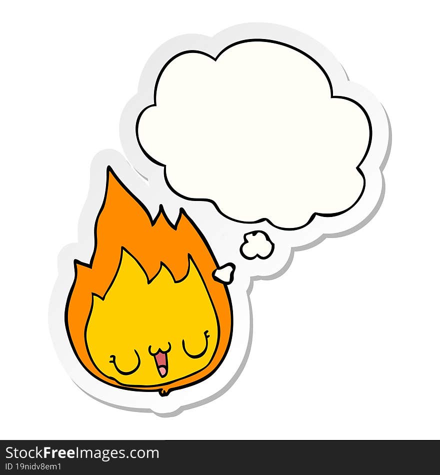 cartoon flame with face and thought bubble as a printed sticker