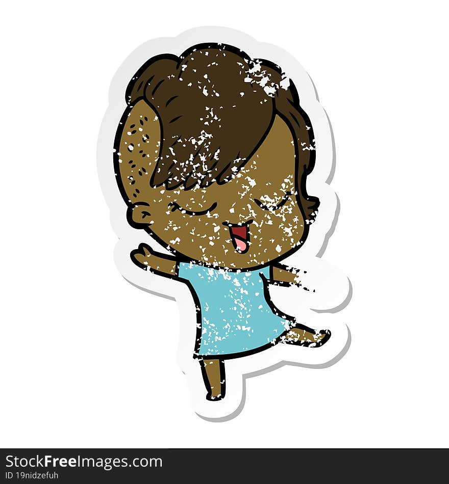 distressed sticker of a happy cartoon girl