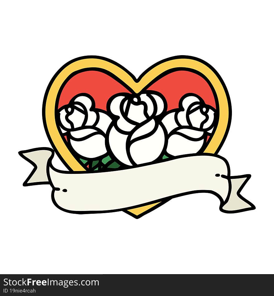 traditional tattoo of a heart and banner with flowers