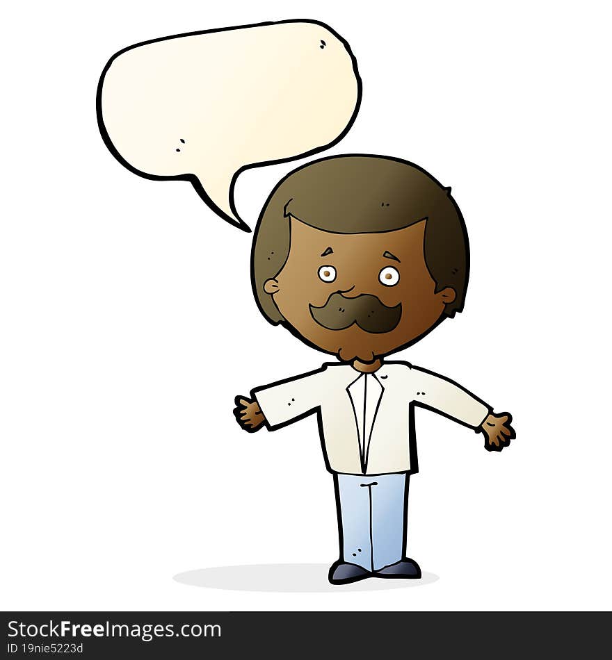 Cartoon Mustache Man With Open Arms With Speech Bubble