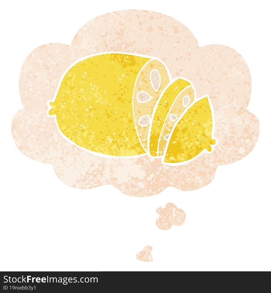 cartoon sliced lemon and thought bubble in retro textured style