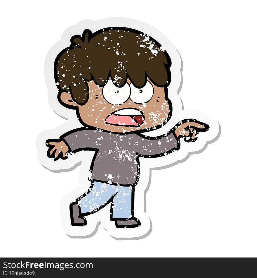 distressed sticker of a worried cartoon boy