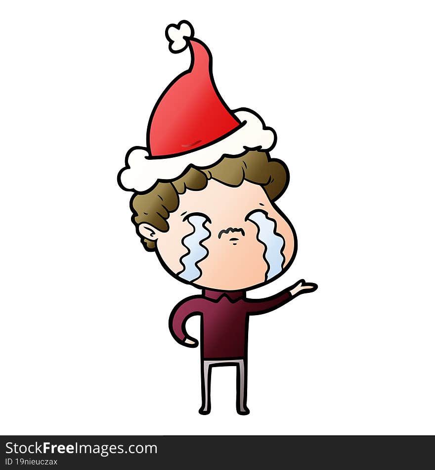 gradient cartoon of a man crying wearing santa hat