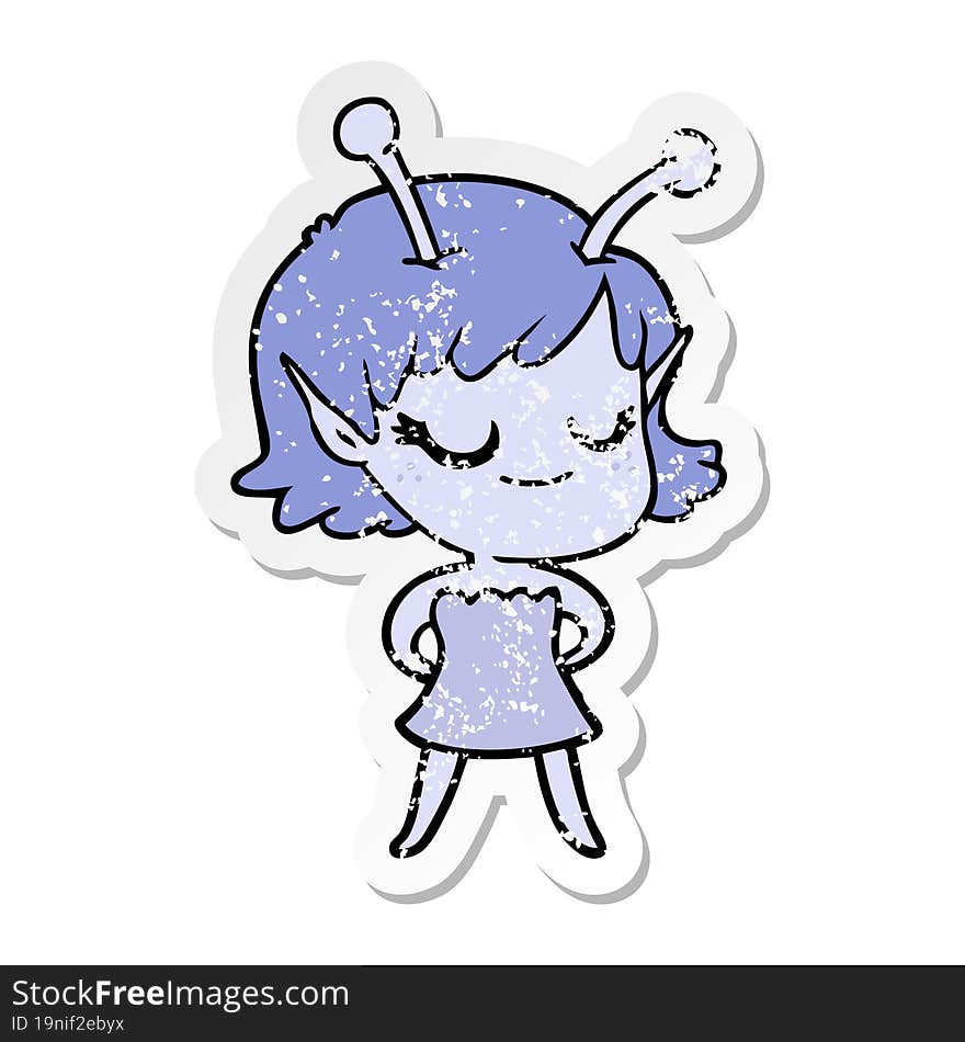 Distressed Sticker Of A Smiling Alien Girl Cartoon