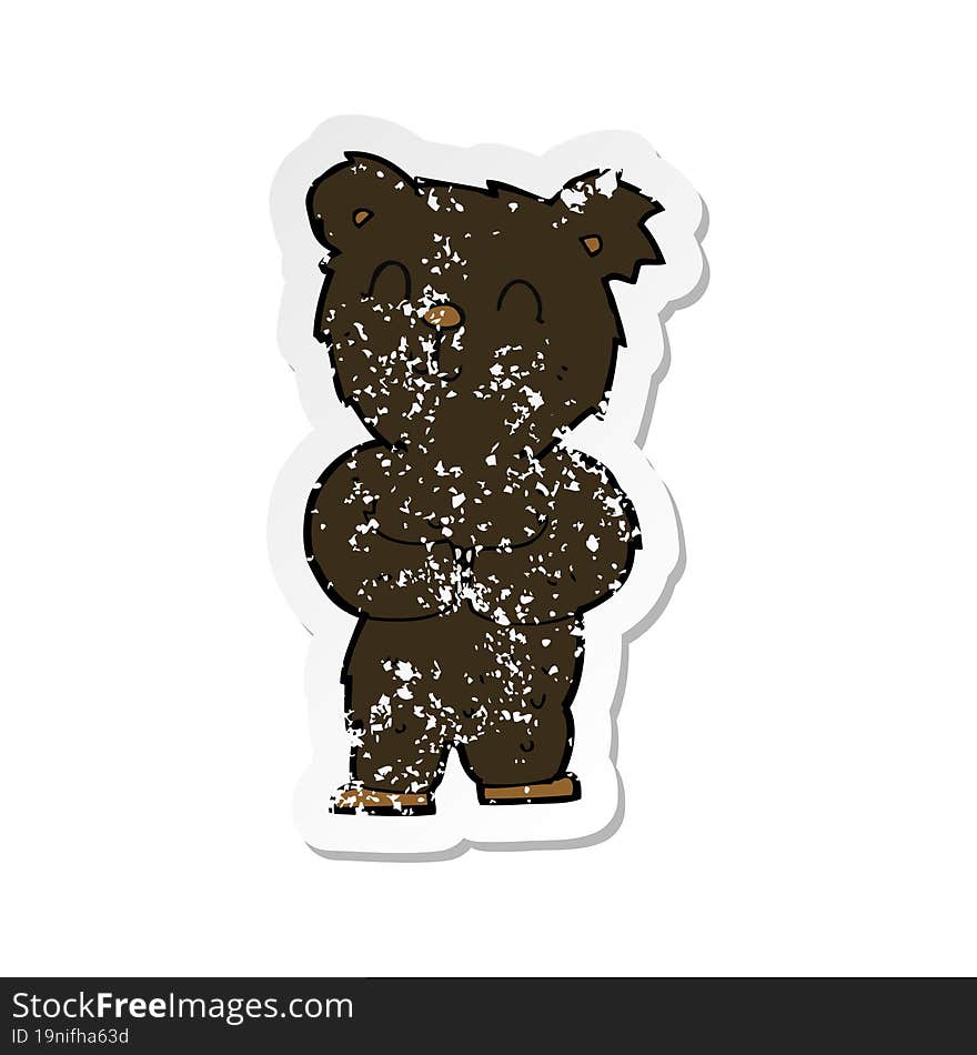 retro distressed sticker of a cartoon happy little black bear