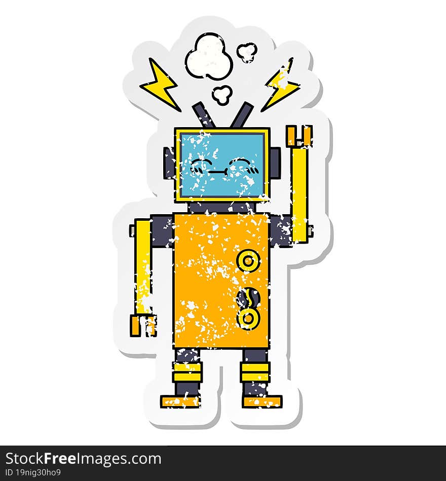 Distressed Sticker Of A Cute Cartoon Malfunctioning Robot