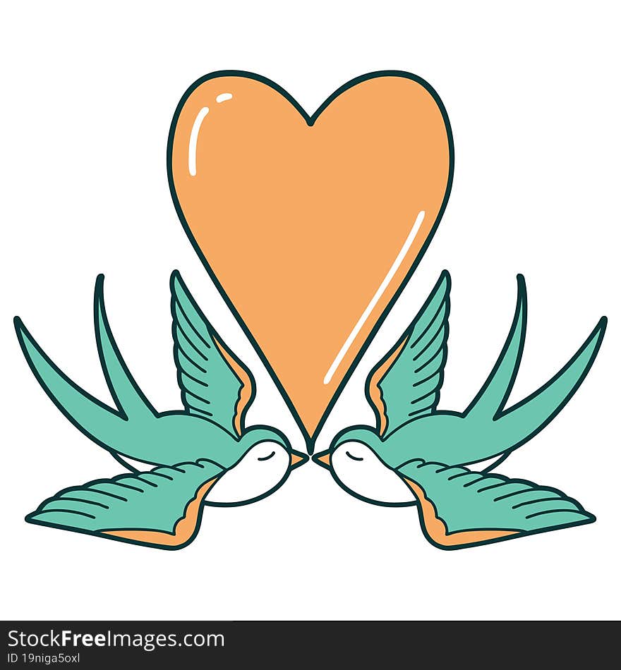 iconic tattoo style image of swallows and a heart. iconic tattoo style image of swallows and a heart