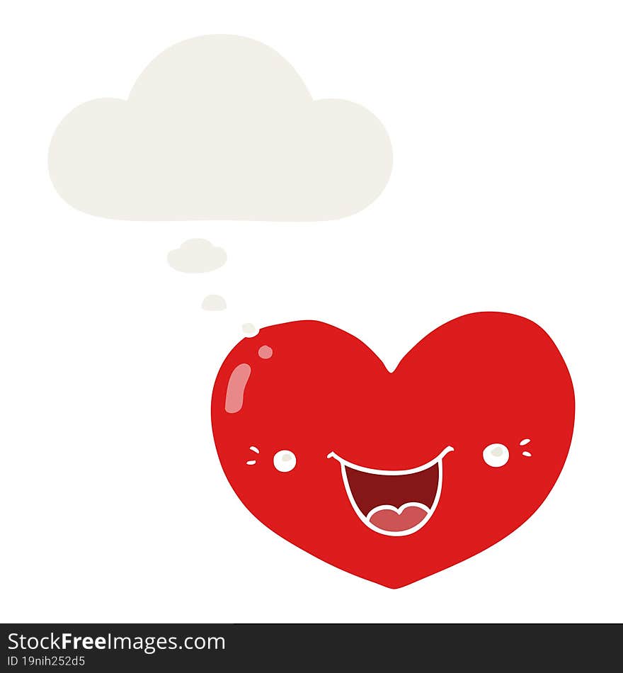 cartoon love heart character with thought bubble in retro style