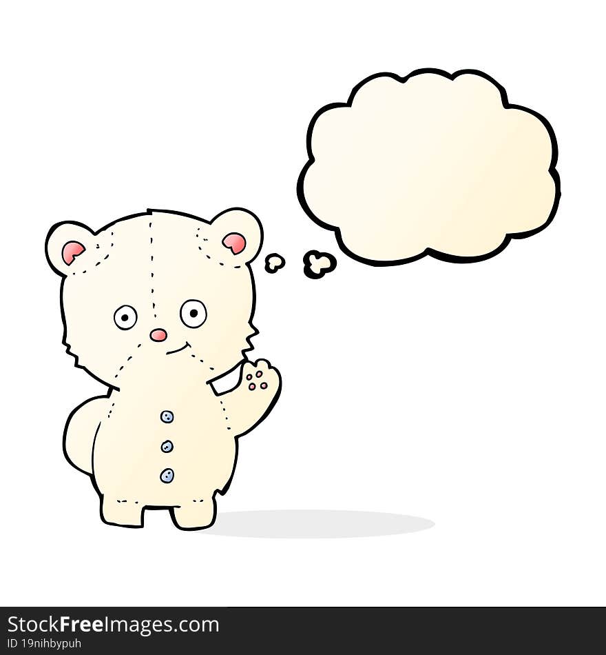 cartoon waving polar bear cub with thought bubble