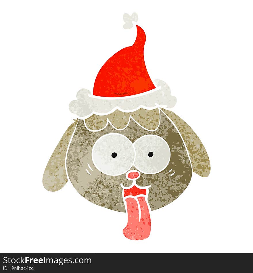 hand drawn retro cartoon of a dog face panting wearing santa hat