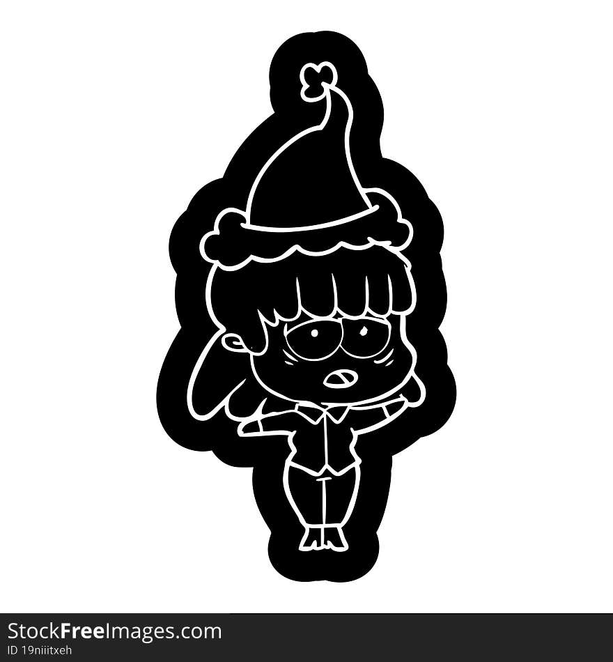 cartoon icon of a tired woman wearing santa hat