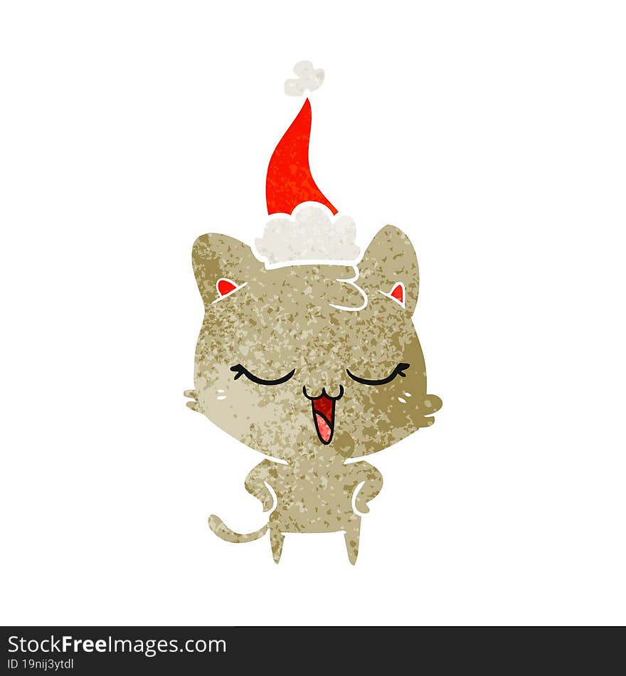 happy hand drawn retro cartoon of a cat wearing santa hat. happy hand drawn retro cartoon of a cat wearing santa hat