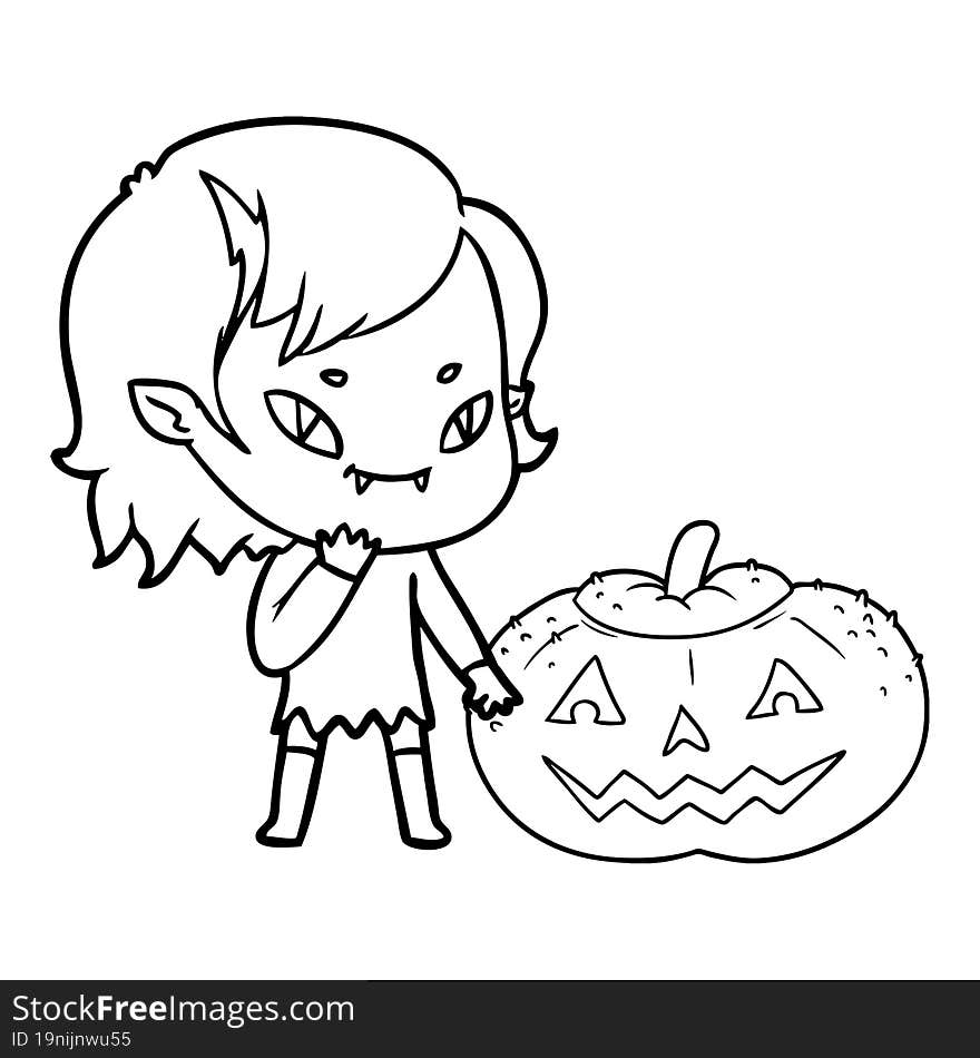 cartoon friendly vampire girl considering pumpkin. cartoon friendly vampire girl considering pumpkin