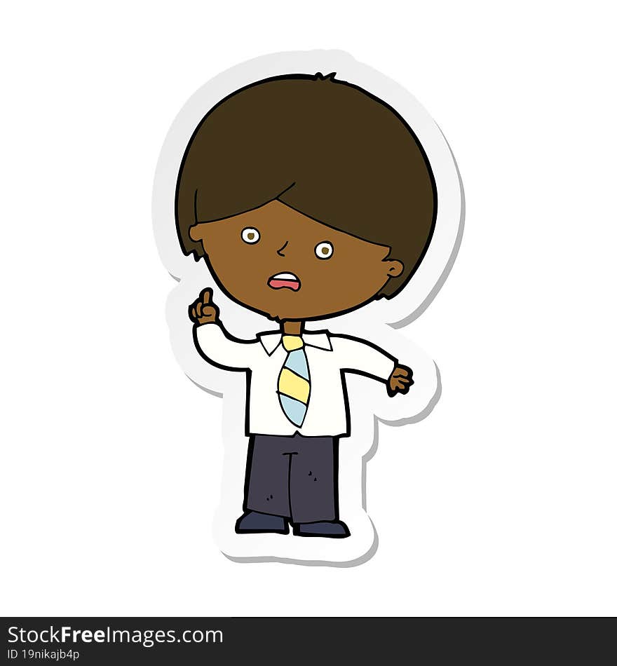 Sticker Of A Cartoon Worried School Boy Raising Hand