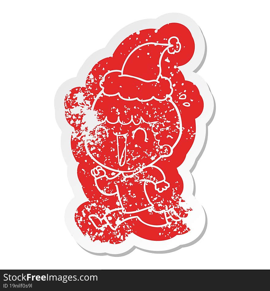 laughing quirky cartoon distressed sticker of a man wearing santa hat