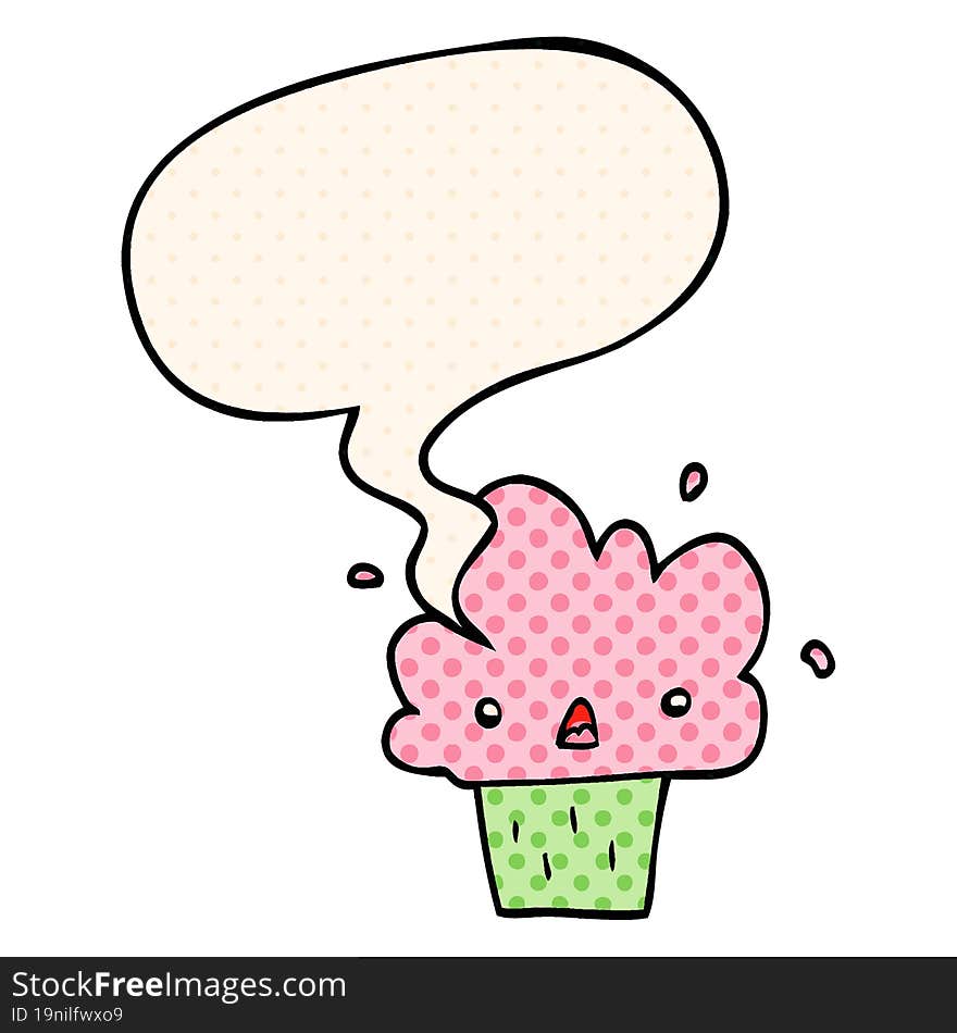 cartoon cupcake and speech bubble in comic book style