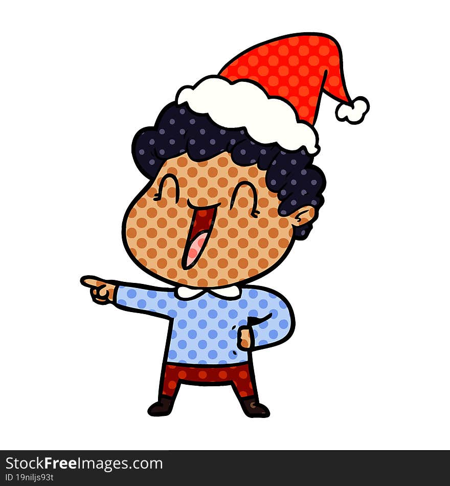 comic book style illustration of a happy man wearing santa hat