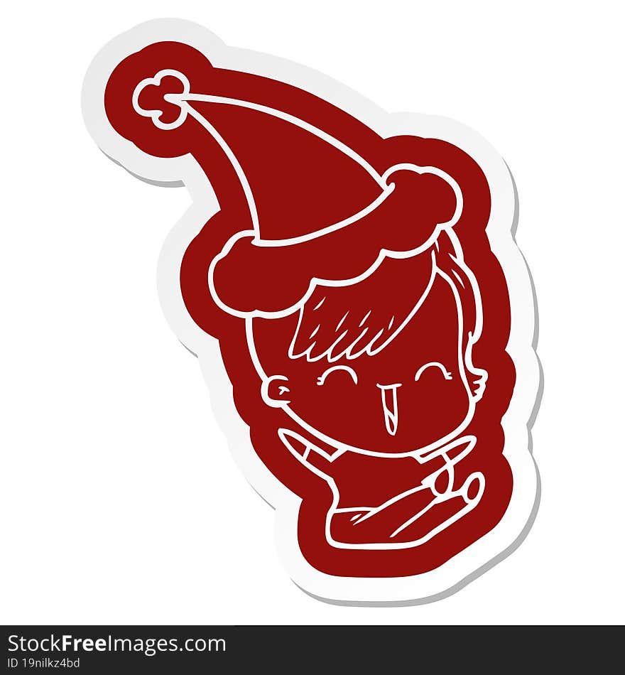 cartoon  sticker of a happy hipster girl wearing santa hat