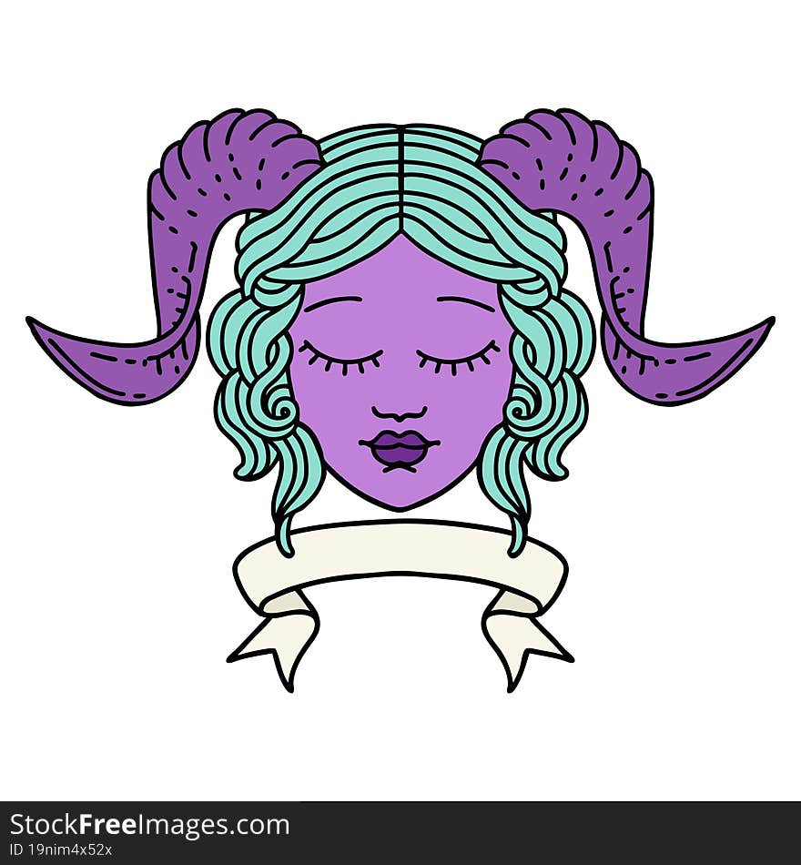 Retro Tattoo Style tiefling character face with scroll banner. Retro Tattoo Style tiefling character face with scroll banner