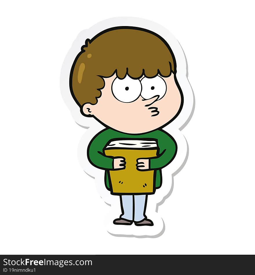 Sticker Of A Cartoon Curious Boy Holding A Book