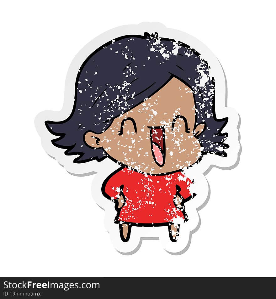 distressed sticker of a cartoon laughing woman