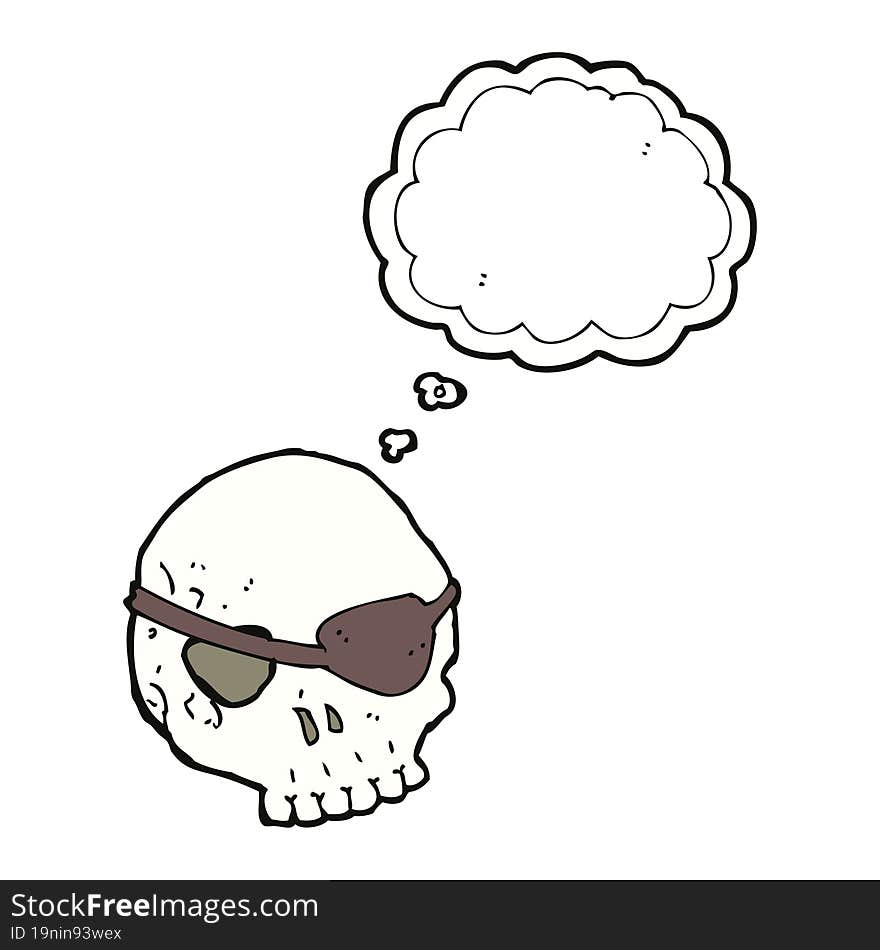 cartoon skull with eye patch with thought bubble