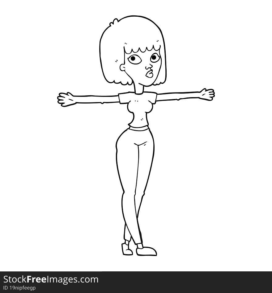 freehand drawn black and white cartoon woman spreading arms