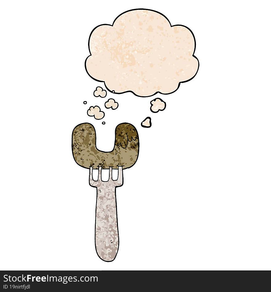 cartoon sausage on fork and thought bubble in grunge texture pattern style