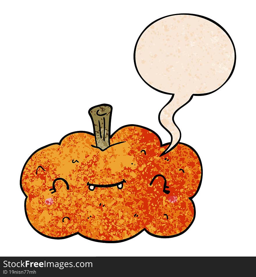 cartoon pumpkin and speech bubble in retro texture style