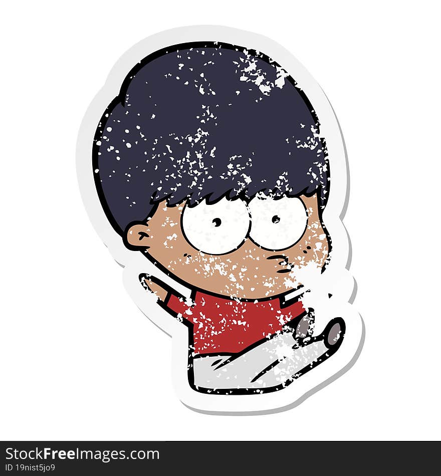 distressed sticker of a nervous cartoon boy