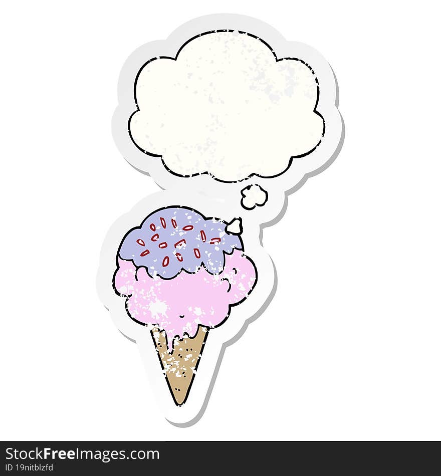 cartoon ice cream and thought bubble as a distressed worn sticker