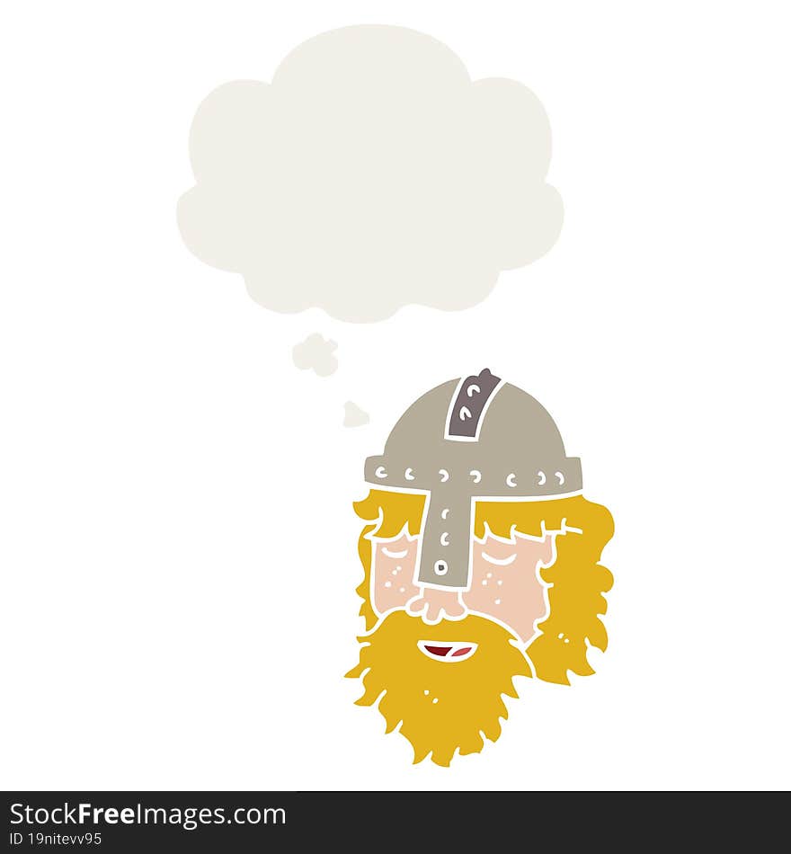 cartoon viking face and thought bubble in retro style