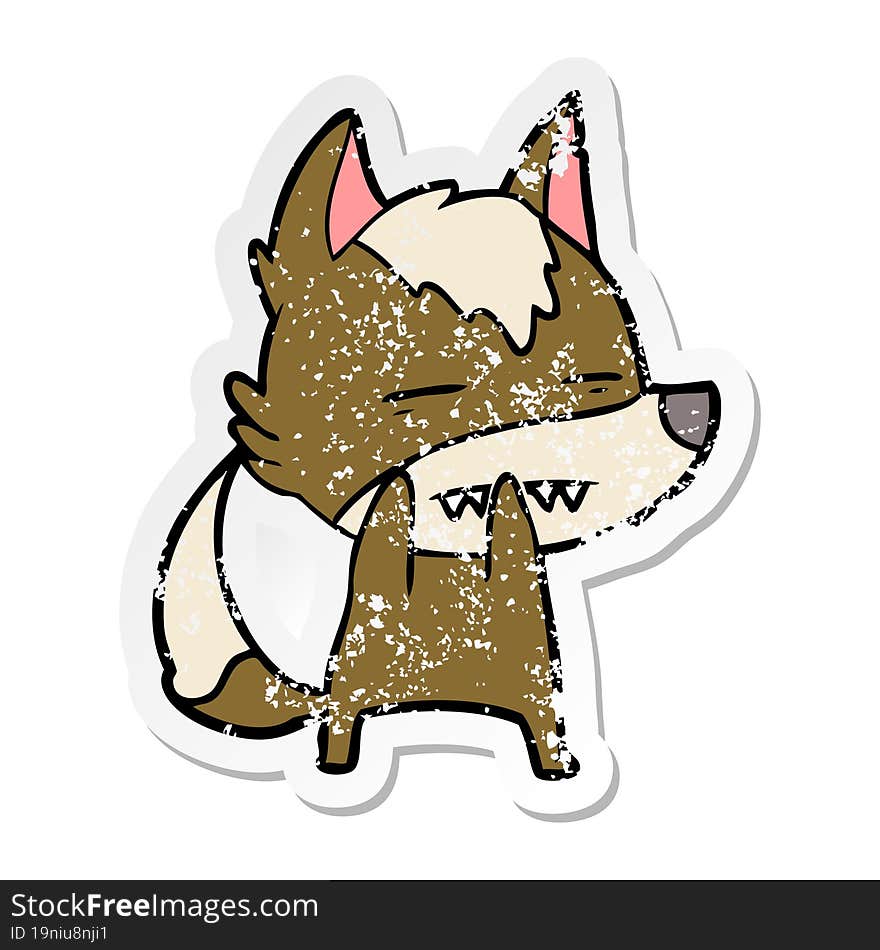 distressed sticker of a cartoon wolf showing teeth