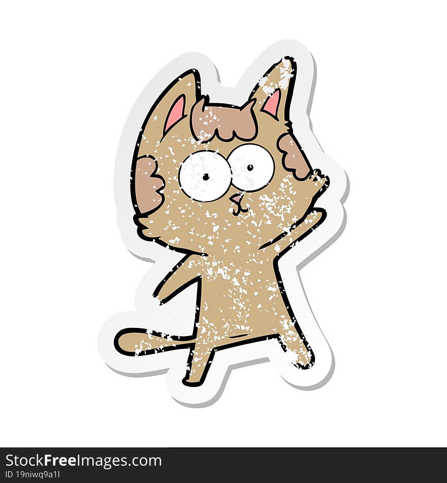 distressed sticker of a happy cartoon cat