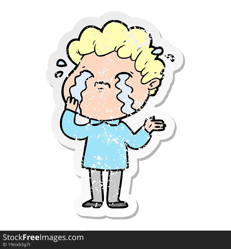 distressed sticker of a cartoon man crying