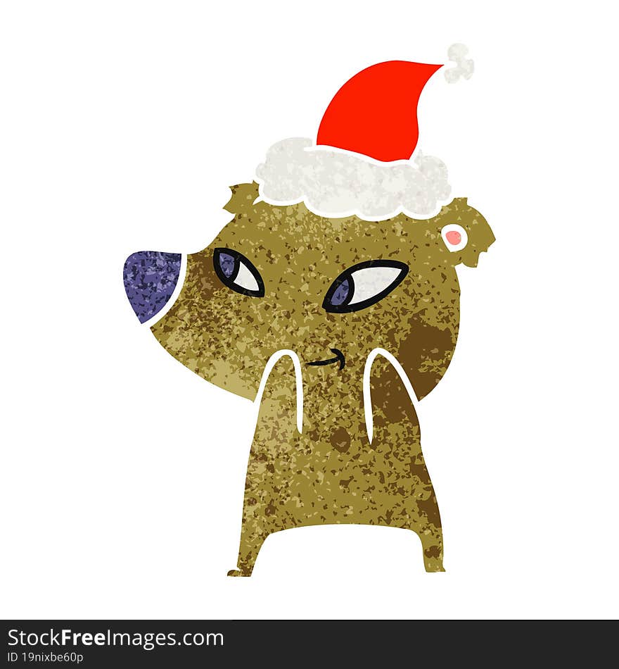 Cute Retro Cartoon Of A Bear Wearing Santa Hat