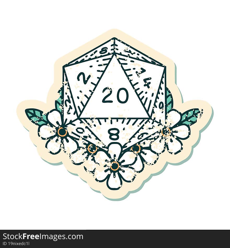 Retro Tattoo Style natural 20 D20 dice roll with floral elements. Retro Tattoo Style natural 20 D20 dice roll with floral elements