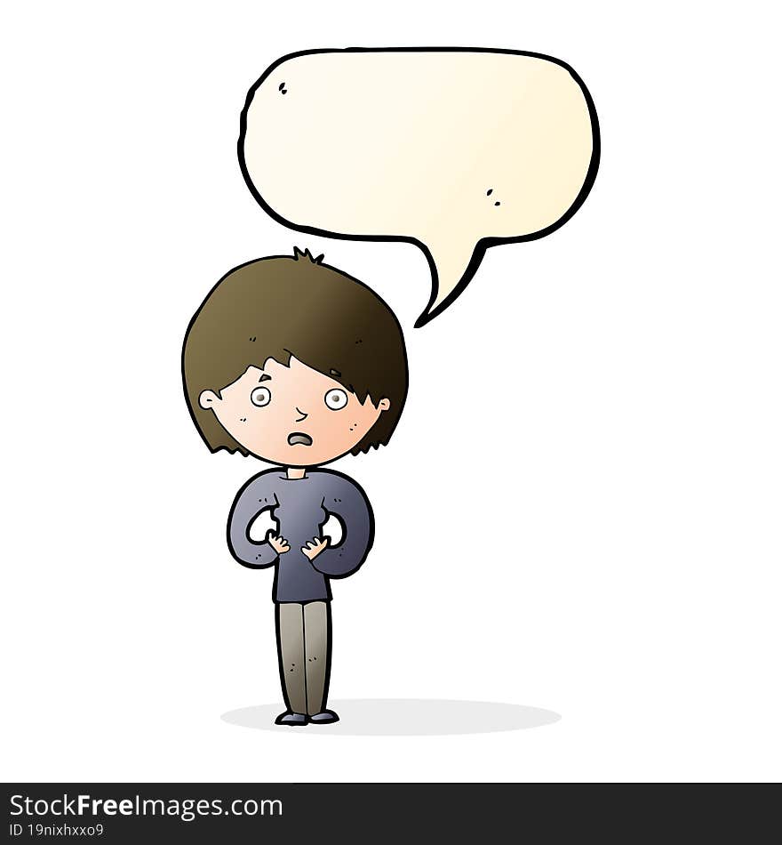 cartoon woman making Who Me gesture with speech bubble