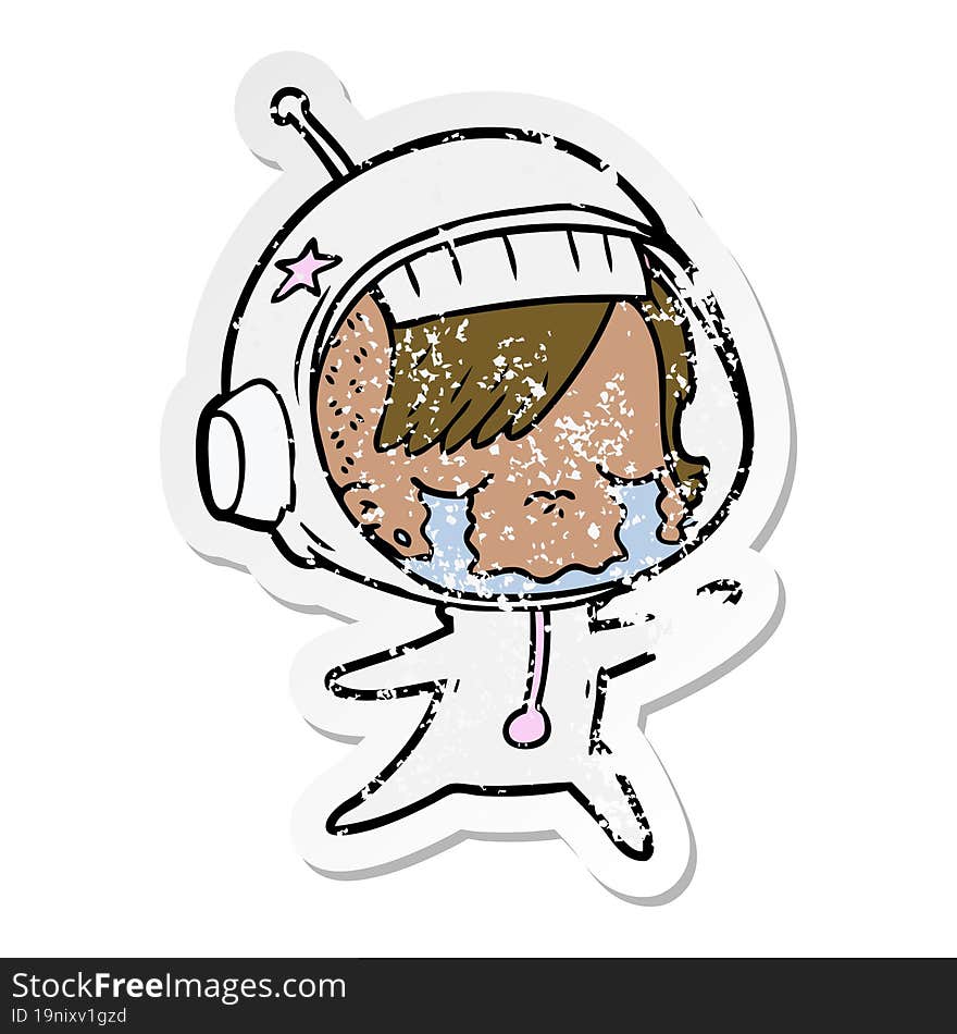 distressed sticker of a cartoon crying astronaut girl